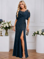 Sheath/Column Scoop Illusion Floor-Length Chiffon Lace Evening Dress With Pleated Sequins Beading