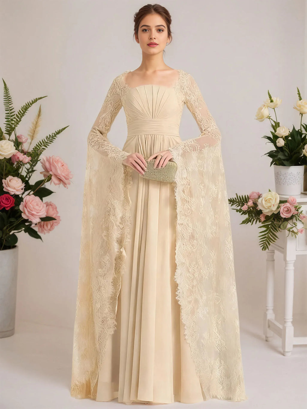 A-Linien quadratisches bodenlanges Chiffon-Spitzen-Abendkleid mit Perlenbesatz und Plissees