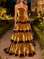 Brown Tiered Strapless A-Line Long Velvet Holiday Party Dress with Ruffles