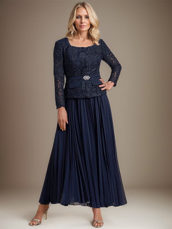 A-Linien-Kleid mit quadratischem Ausschnitt, knöchellang, Chiffon, Mutter der Braut, mit Falten
