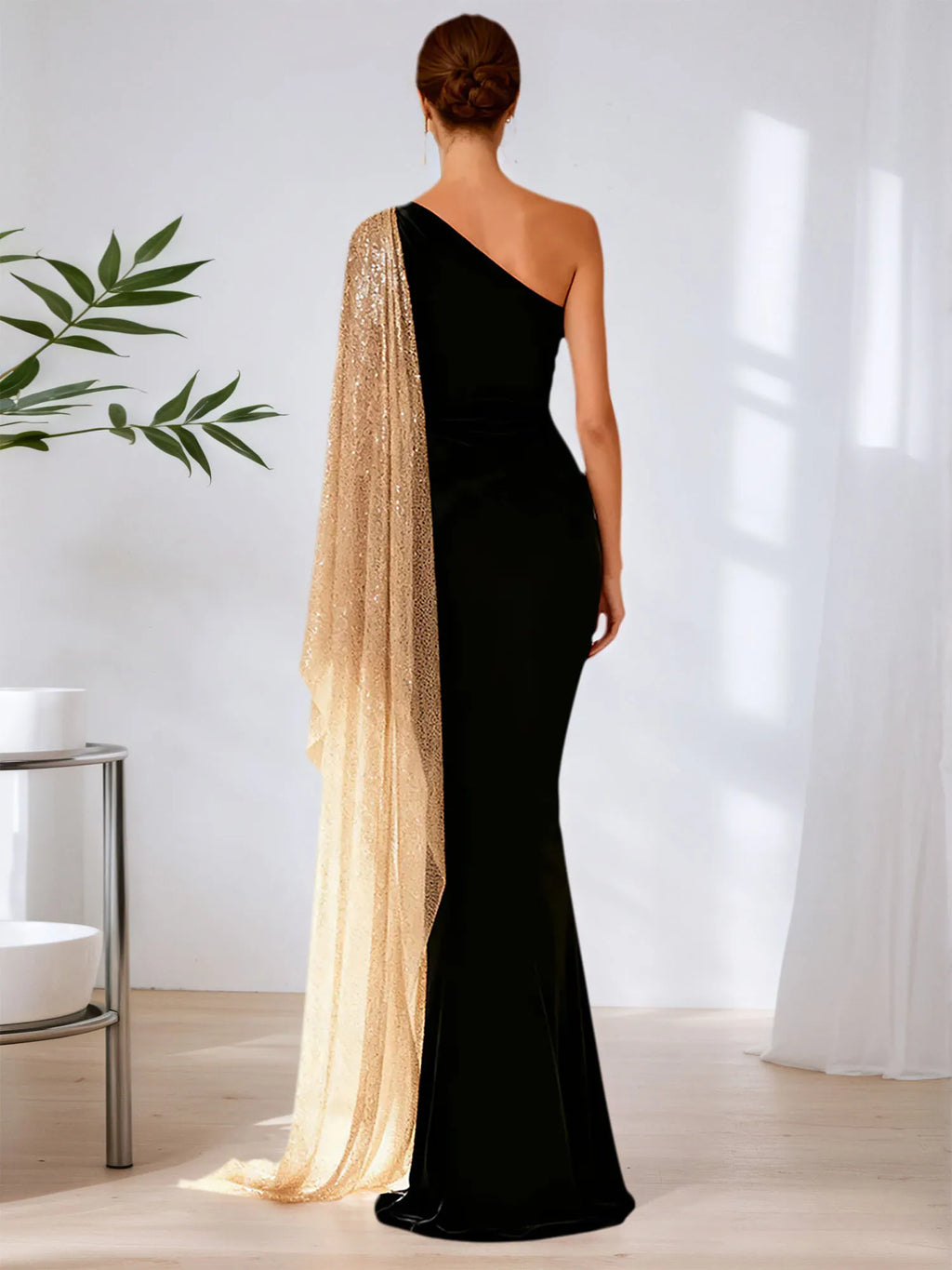 One-Shoulder Velvet & Gold Sequin Cape Maxi Gown with High Slit Formal Evening Dress