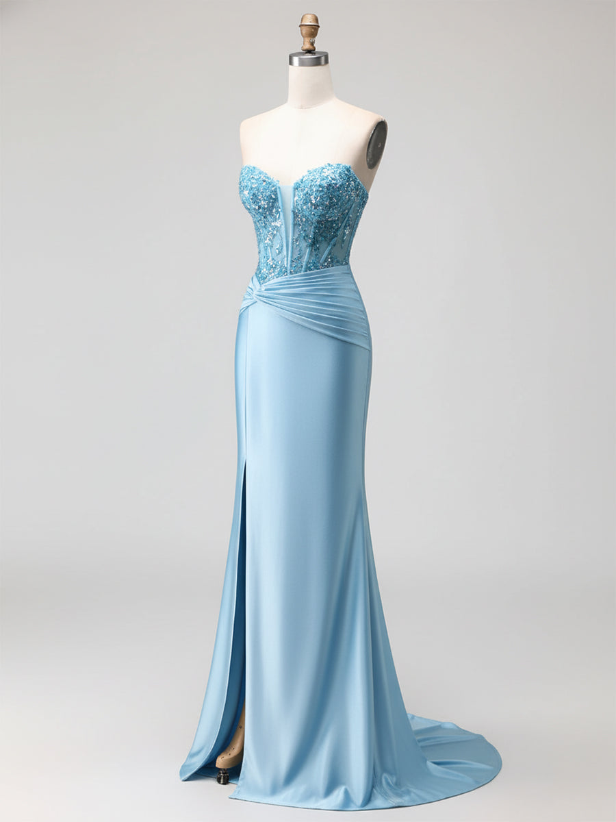 Blue Strapless Plunging V-Neck Beaded Corset Prom Dress with Slit