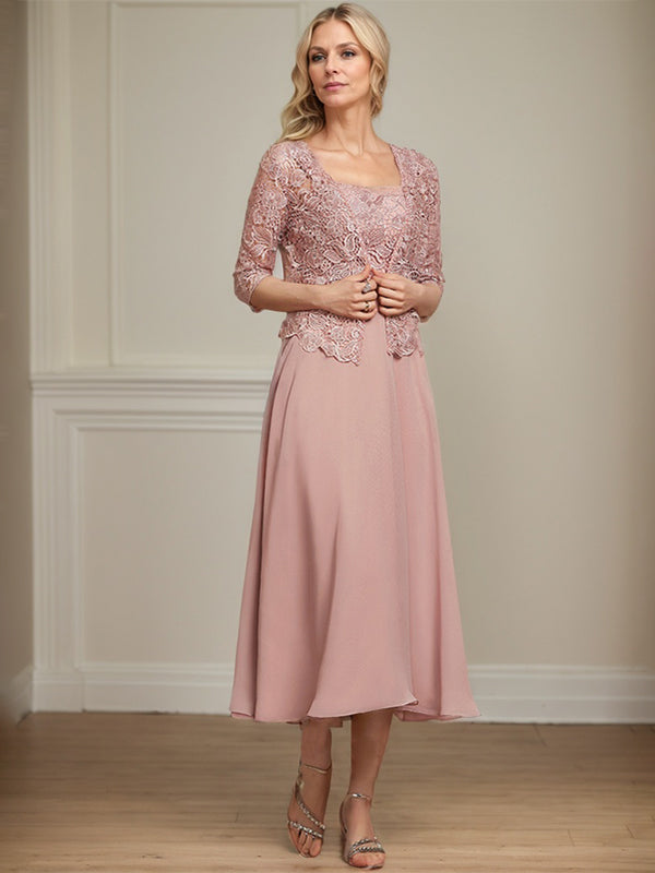 Vestido de mãe da noiva em chiffon e renda, linha A, comprimento tea, decote quadrado com bordados de lantejoulas