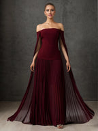 Off-Shoulder Cape Sleeve Pleated Maxi Gown Formal Evening Dress