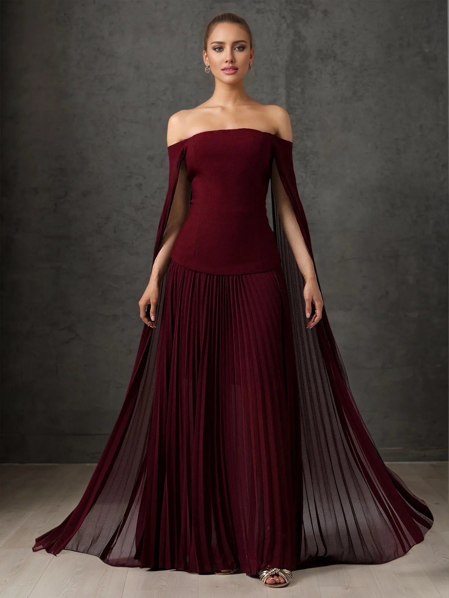 Off-Shoulder Cape Sleeve Pleated Maxi Gown Formal Evening Dress