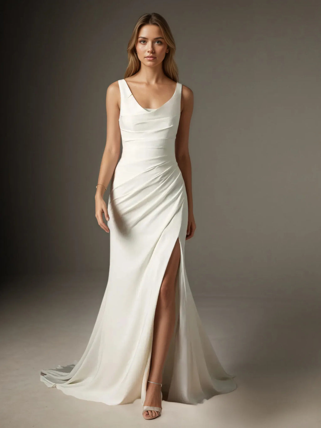 Weißes Meerjungfrau Kleid mit U-Ausschnitt plissierter Crepe-Rücken Satin Hochzeitskleid