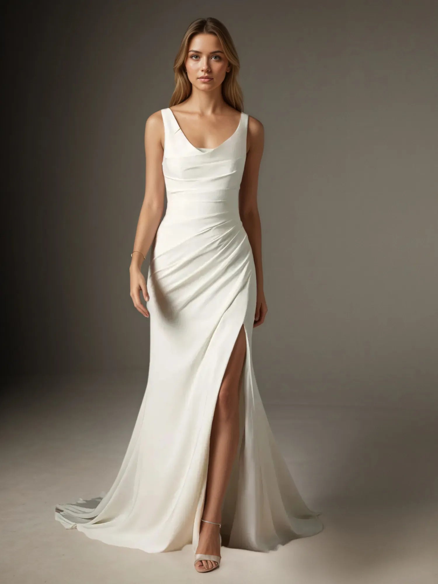 Weißes Meerjungfrau Kleid mit U-Ausschnitt plissierter Crepe-Rücken Satin Hochzeitskleid