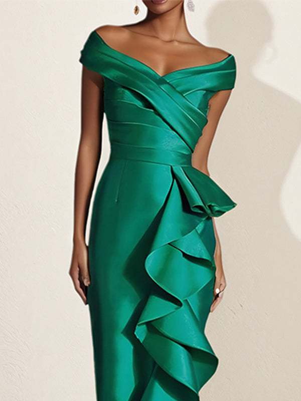 Vestido verde satinado fuera del hombro con mangas cortas y largo asimétrico con volantes