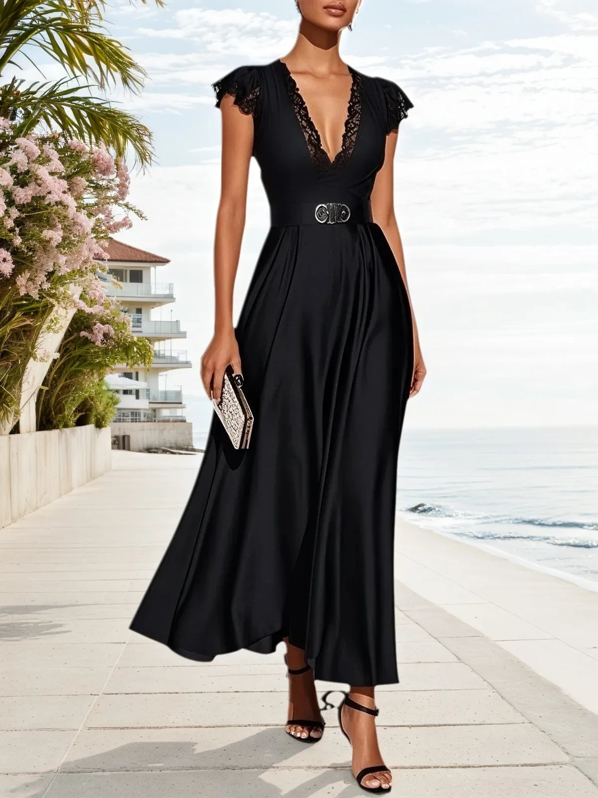 Abito midi a linea A in raso nero con pizzo, scollo a V e maniche corte