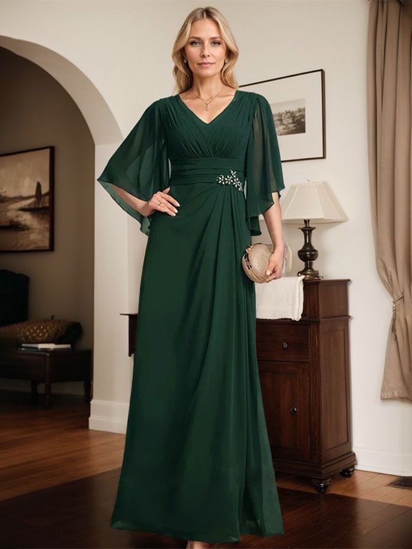 Etuikleid/Säule V-Ausschnitt bodenlanges Chiffon Mutter-der-Braut-Kleid mit plissierten Pailletten und Perlen