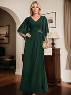 Etuikleid/Säule V-Ausschnitt bodenlanges Chiffon Mutter-der-Braut-Kleid mit plissierten Pailletten und Perlen