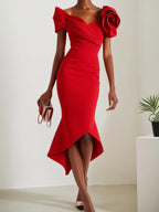 Rotes 3D-Blumen schulterfreies Meerjungfrau-Midikleid