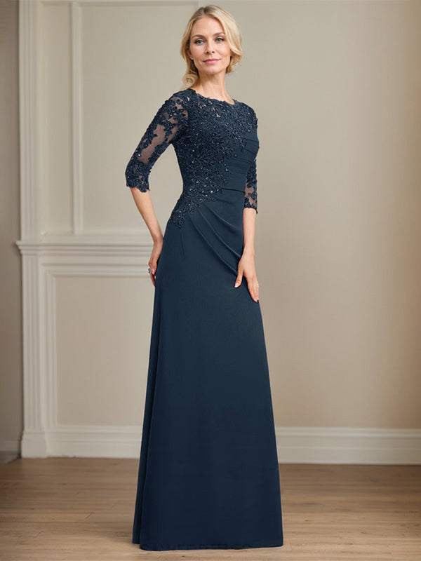Vestido para madre de la novia en línea A con escote redondo, largo hasta el suelo, gasa, encaje, cuentas, pliegues y lentejuelas