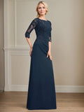 Vestido para madre de la novia en línea A con escote redondo, largo hasta el suelo, gasa, encaje, cuentas, pliegues y lentejuelas