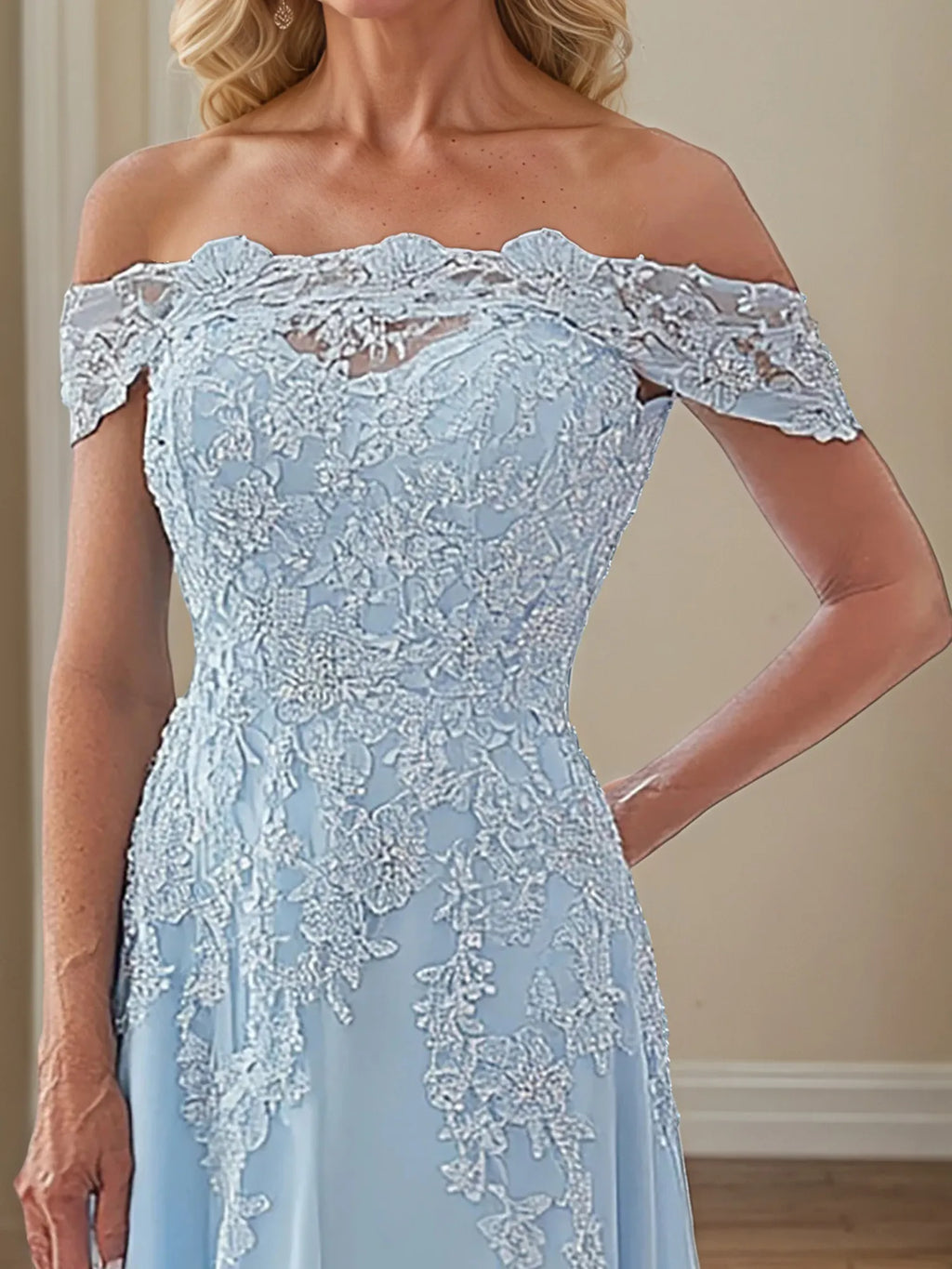 A Line Off The Shoulder Sleeveless Chiffon Mother of the Bride Dress With Appliques