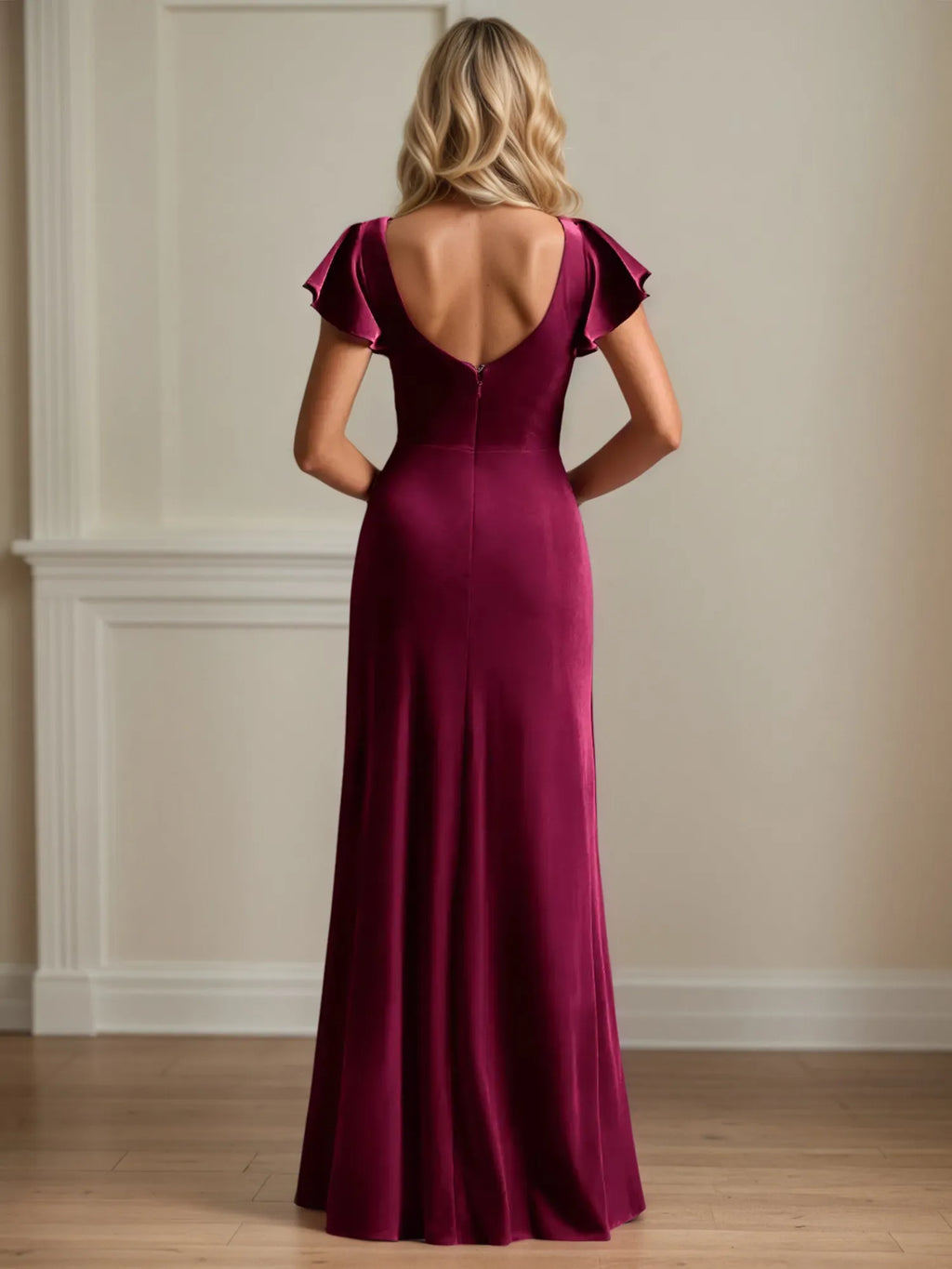 A-Linien V-Ausschnitt Kurzarm Samt Brautmutterkleid mit Rüschen