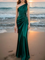 Robe de soirée maxi sirène en satin vert émeraude à une épaule