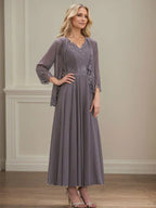 A-Linien Kleid mit V-Ausschnitt, knöchellang, aus Chiffon, Mutter der Braut Kleid mit Pailletten, Applikationen, Spitze und Perlenbesatz