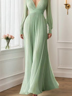 Formal Evening V-Neck Dress Green Long Sleeve Maxi Dress