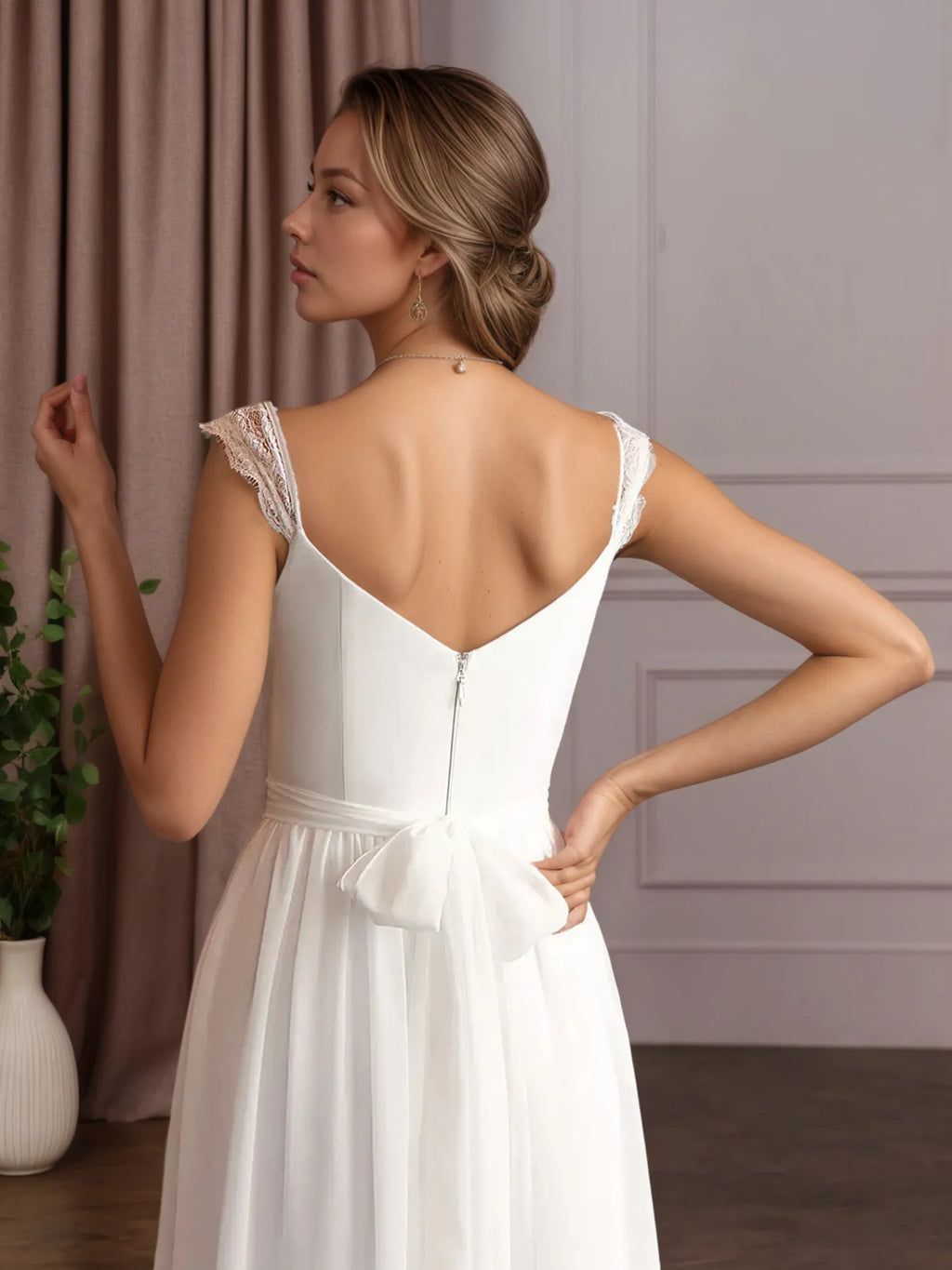 Abito da sposa bianco a linea ad A con scollo a V, senza maniche, in pizzo e chiffon