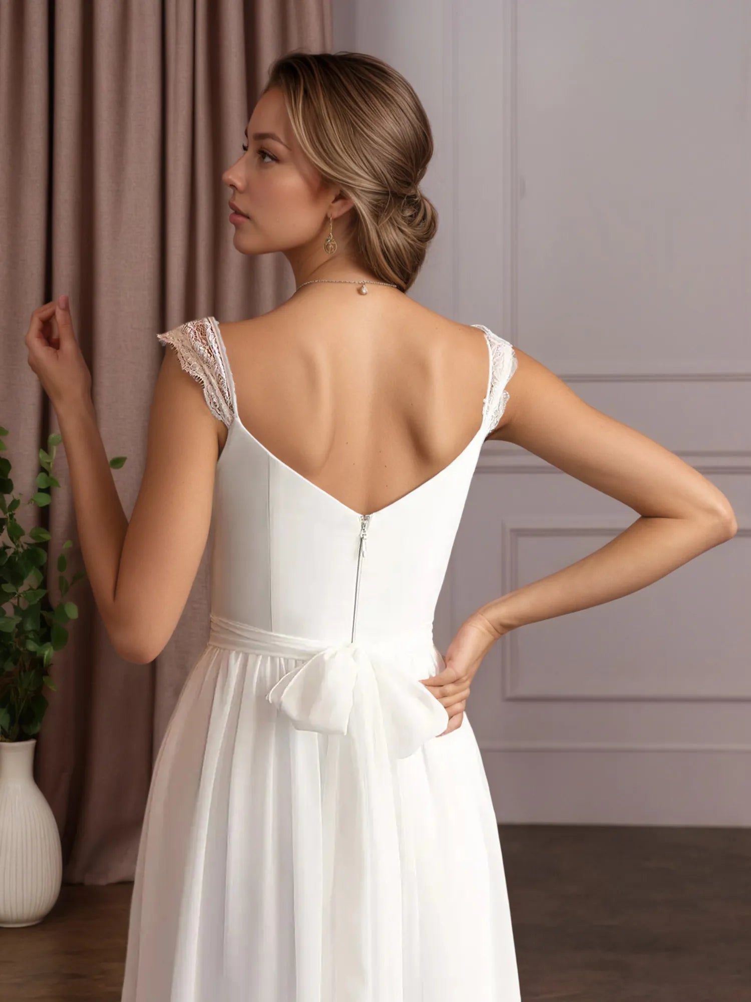 Abito da sposa bianco a linea ad A con scollo a V, senza maniche, in pizzo e chiffon