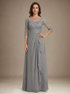 A-Linien Rundhals Illusions-Bodenlanges Chiffon-Spitzenkleid für die Mutter der Braut mit Perlen, Pailletten und Kaskaden-Rüschen