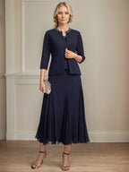 Vestido de mãe da noiva separado evasê, comprimento chá, de chiffon com decote redondo, paetês e bordados