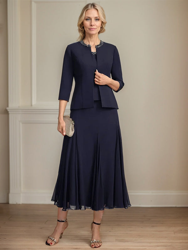Vestido de mãe da noiva separado evasê, comprimento chá, de chiffon com decote redondo, paetês e bordados