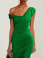 Vestido de festa/coquetel verde de chiffon, um ombro só, comprimento até o tornozelo