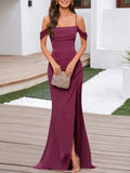 Wedding Guest Dress Purple Cold Shoulder Square Neck Slit Maxi Dress