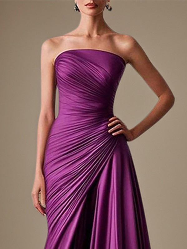 A Line Purple Satin Off the Shoulder Sleeveless Floor Length Dress With Ruffles