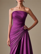 A Line Purple Satin Off the Shoulder Sleeveless Floor Length Dress With Ruffles