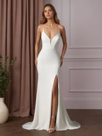 White Mermaid V-Neck Stretch Crepe Wedding Dress