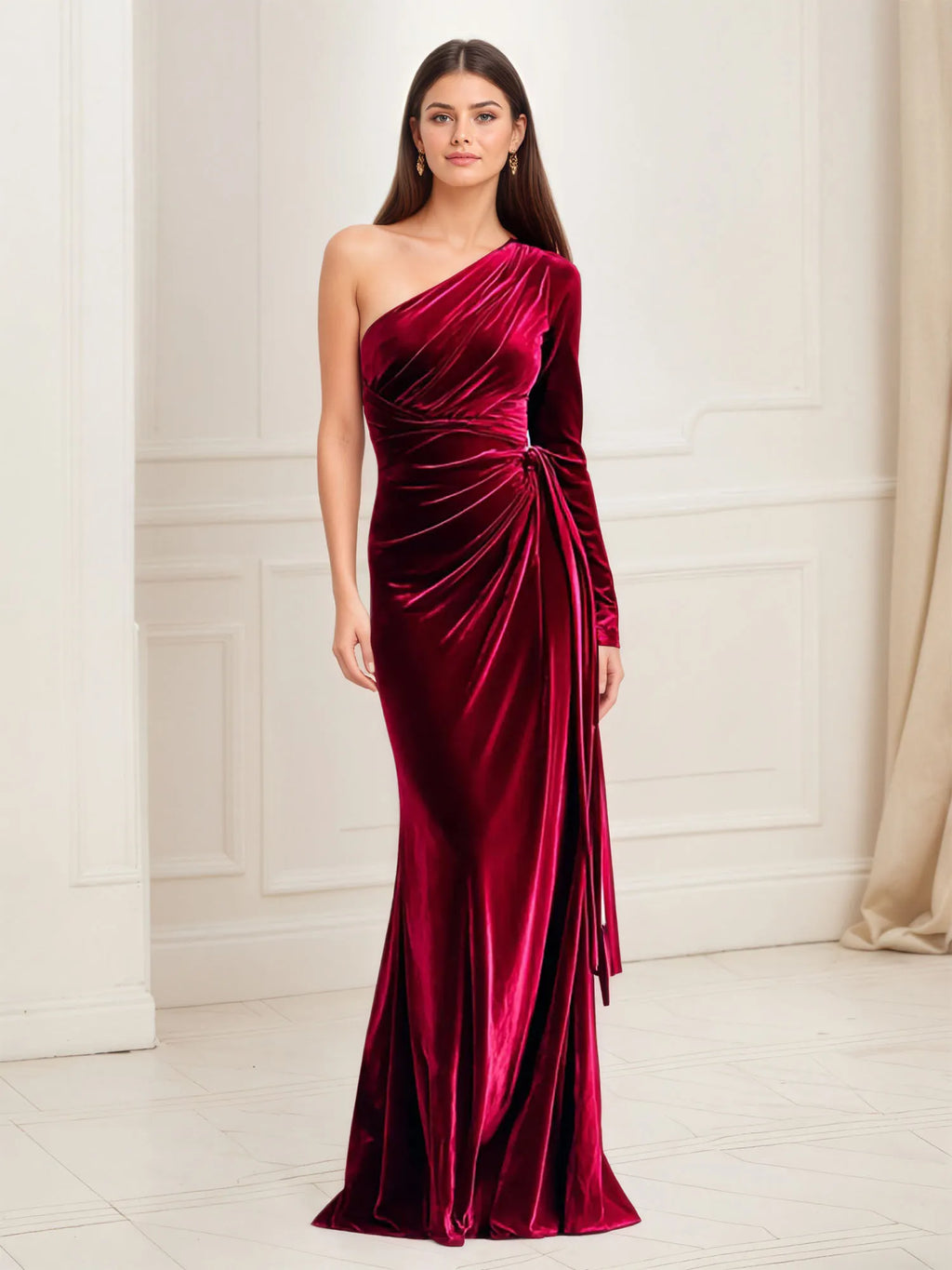Sheath/Column One Shoulder Long Sleeve Ruched Velvet Floor Length Evening Dress