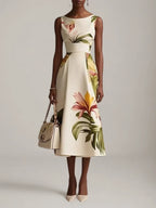 Vestido midi sin mangas línea A con cuello barco y estampado floral beige