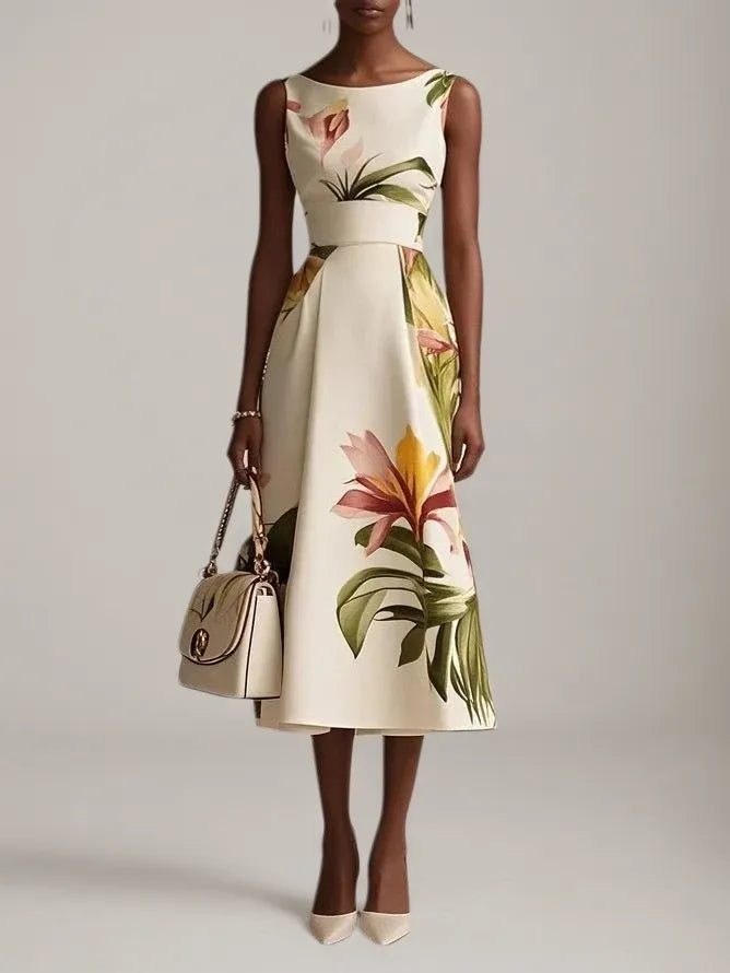 Vestido midi sin mangas línea A con cuello barco y estampado floral beige
