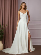 Weißes A-Linien Spitzen Chiffon Hochzeitskleid