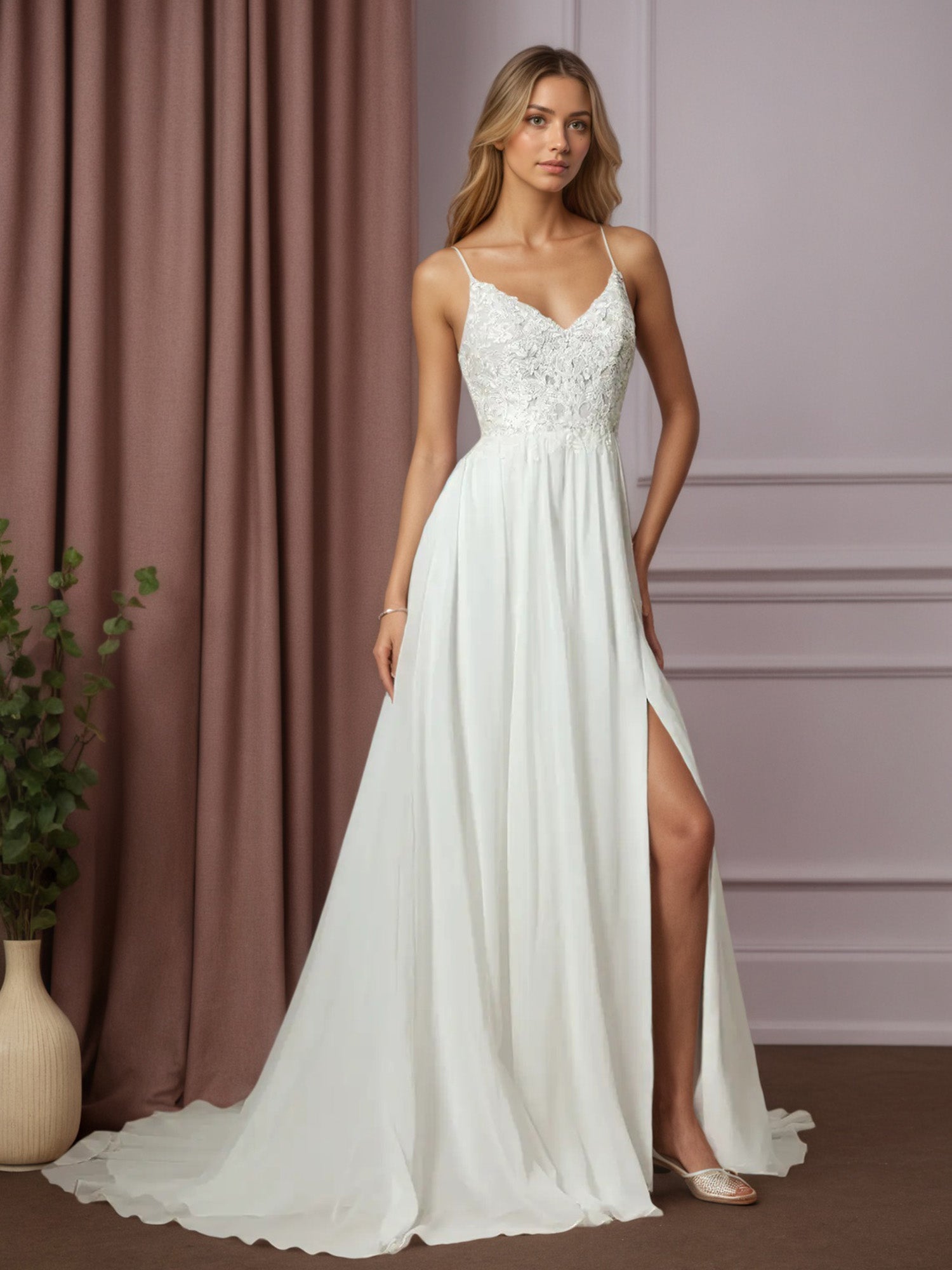 Weißes A-Linien Spitzen Chiffon Hochzeitskleid