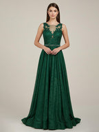 Vestido largo de fiesta verde línea A con escote corazón y apliques de encaje