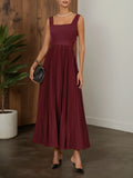 Vestido Maxi Clássico Plissado Vermelho Vinho, Decote Quadrado e Sem Mangas em A-Line