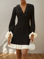 Black Ruffled Classic V Neck Long Sleeve A-Line Mini Dress