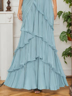Abito formale a strati, blu, senza maniche, plissettato, scollo a V, abito lungo maxi