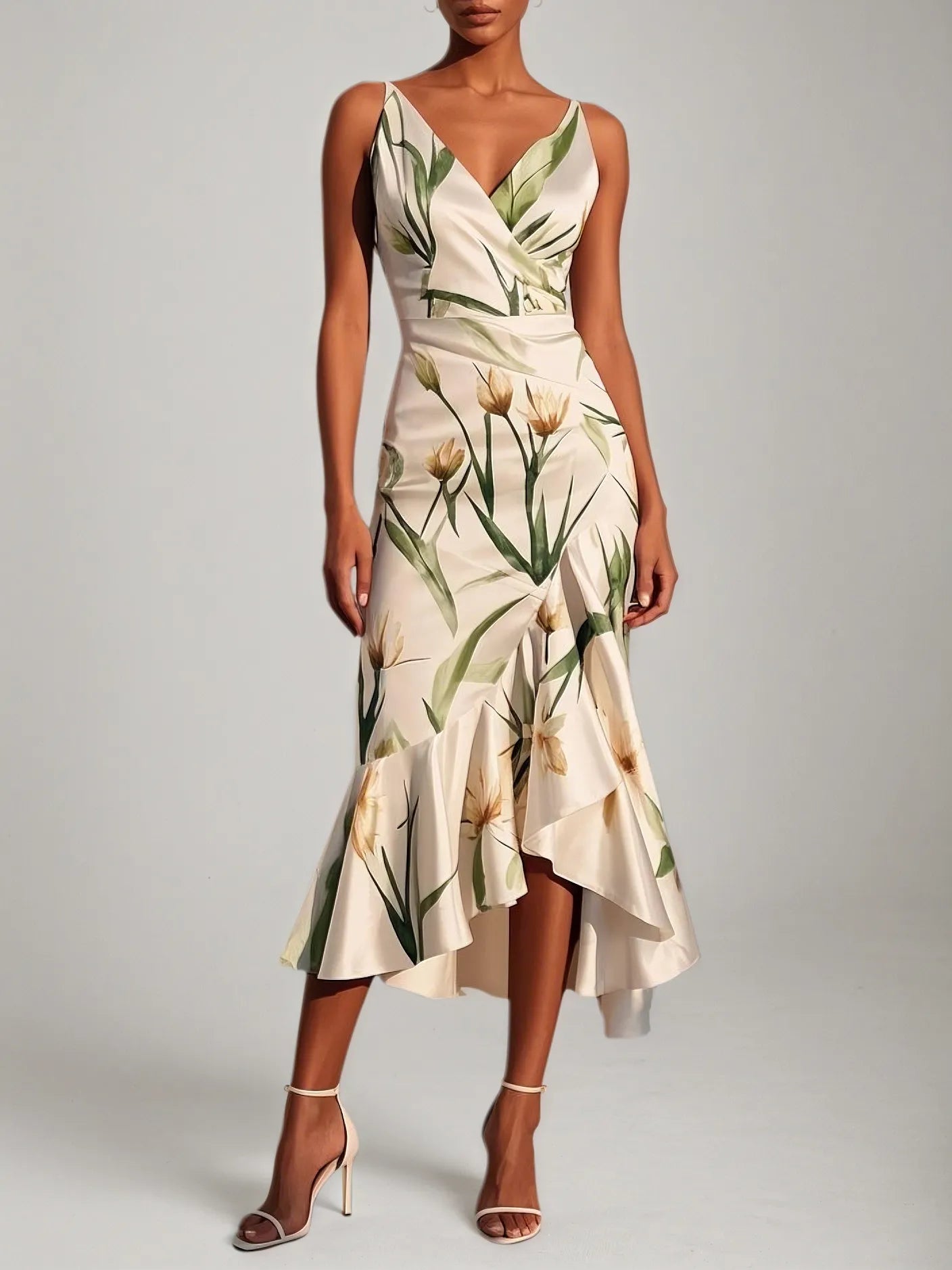 Vestido midi de satén marfil con escote en V y corte sirena floral