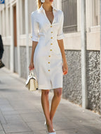 White Buckle Shirt Dress Shirt Collar Short Sleeve Sheath Midi Dress