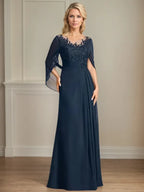 A Line Scoop 3/4 Sleeve Chiffon Mother of the Bride Dress With Appliques