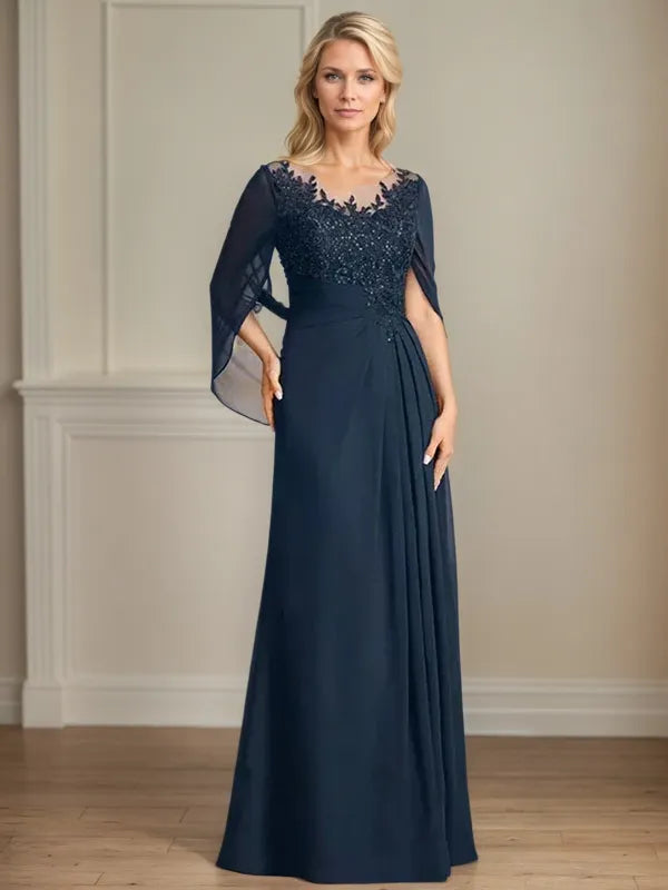 A Line Scoop 3/4 Sleeve Chiffon Mother of the Bride Dress With Appliques