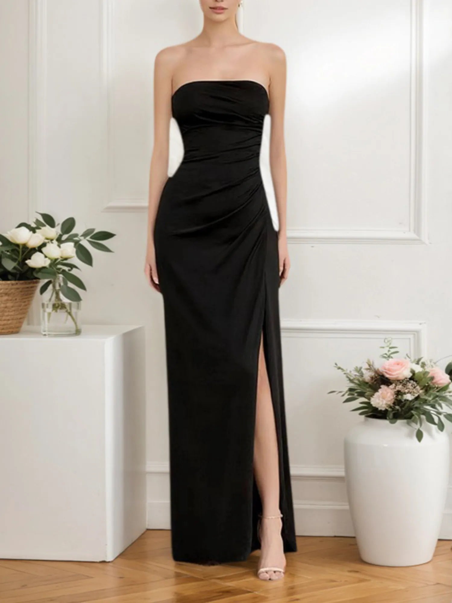 Formal Evening Dress Black Strapless Slit Maxi Dress