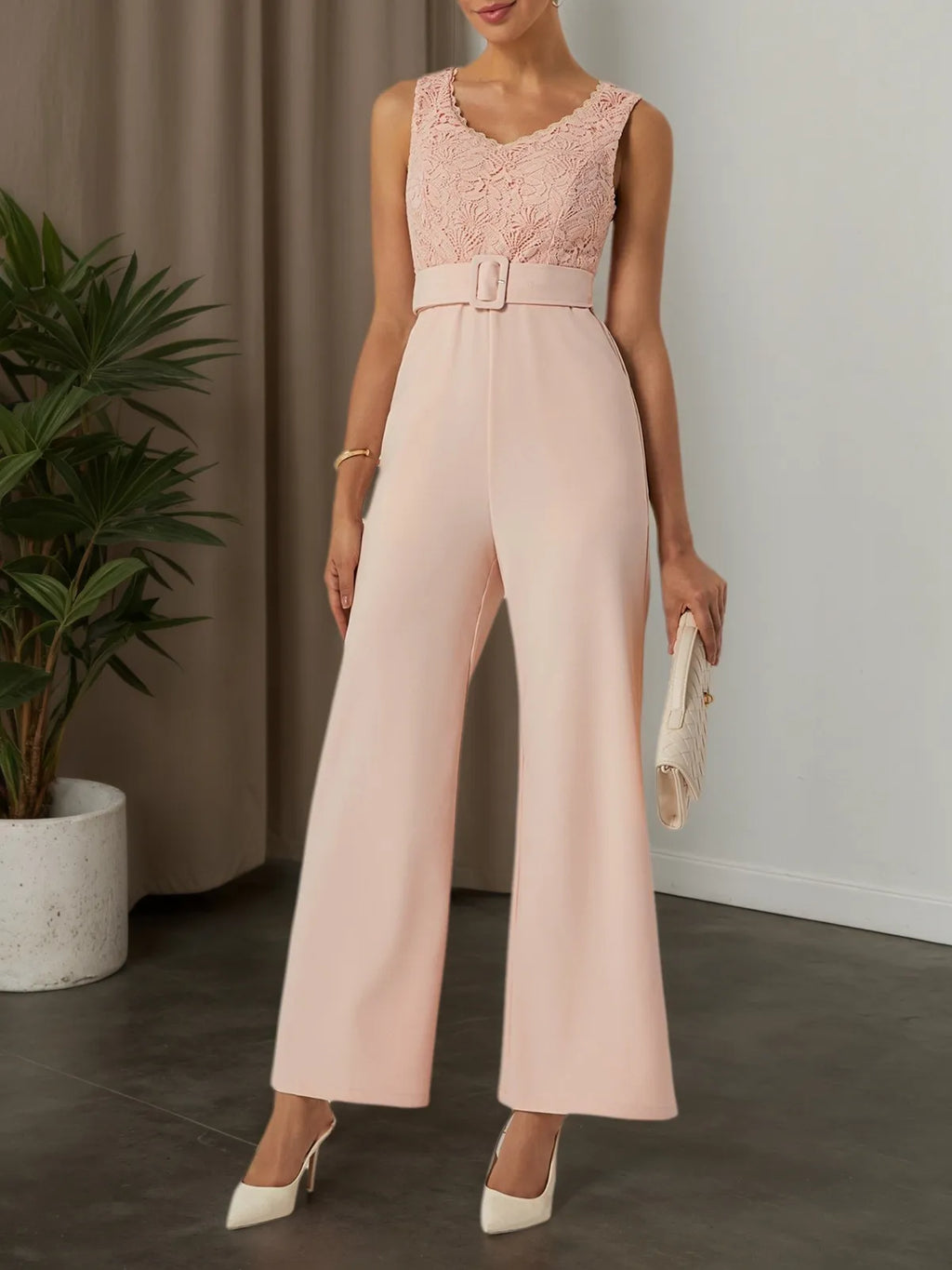 Women Pink Lace V Neck Sleeveless Ankle Length Dressy Jumpsuit