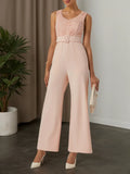 Women Pink Lace V Neck Sleeveless Ankle Length Dressy Jumpsuit