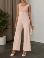 Women Pink Lace V Neck Sleeveless Ankle Length Dressy Jumpsuit